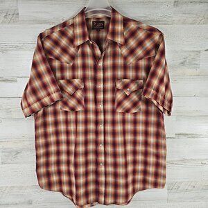 PLAINS Western Wear Shirt Men's SIZE LARGE Pearl Snap Short Sleeve Tan Red Plaid